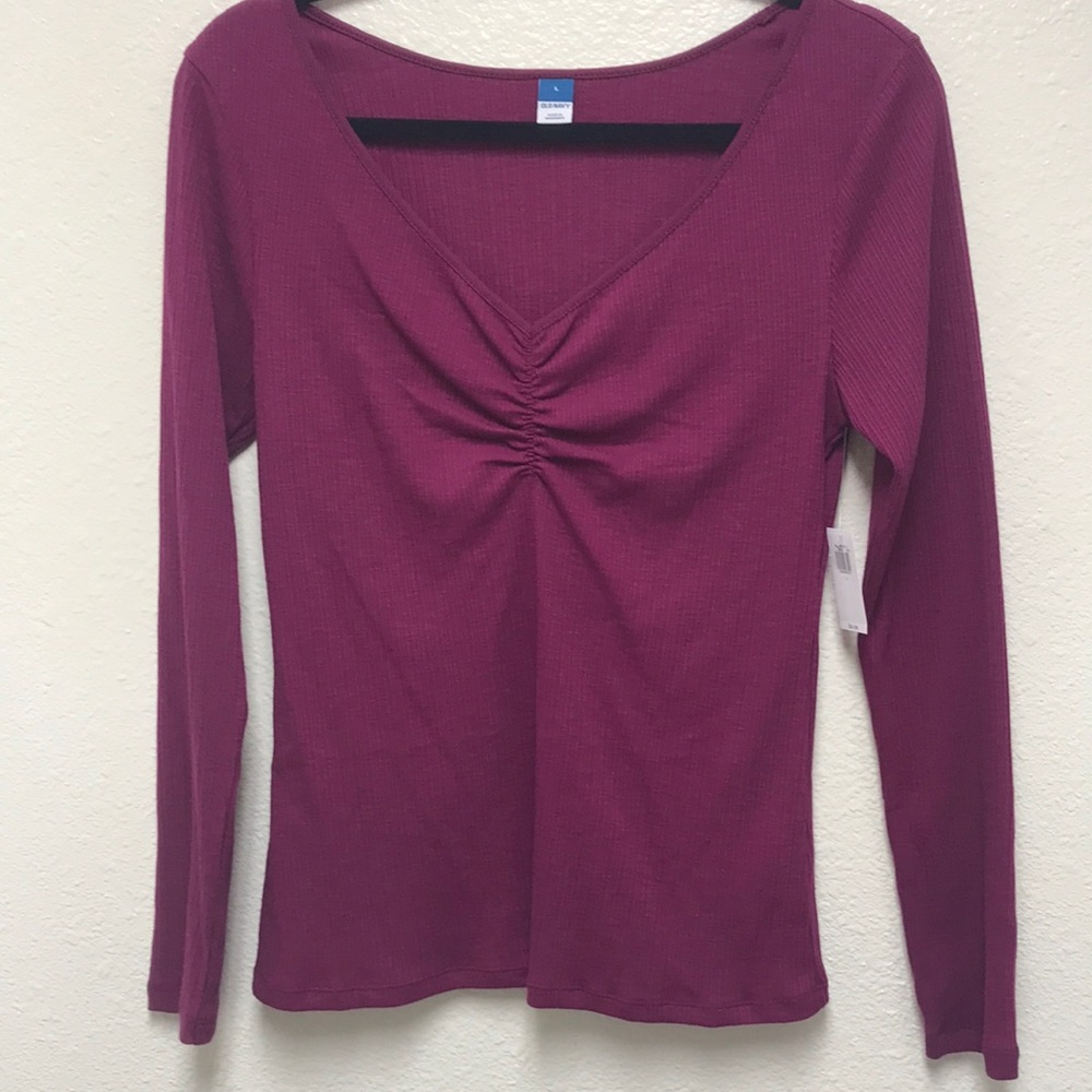 Old Navy NWT Women’s Large Plum Ribbed V-Neck Long Sleeve Pullover Top Shirt